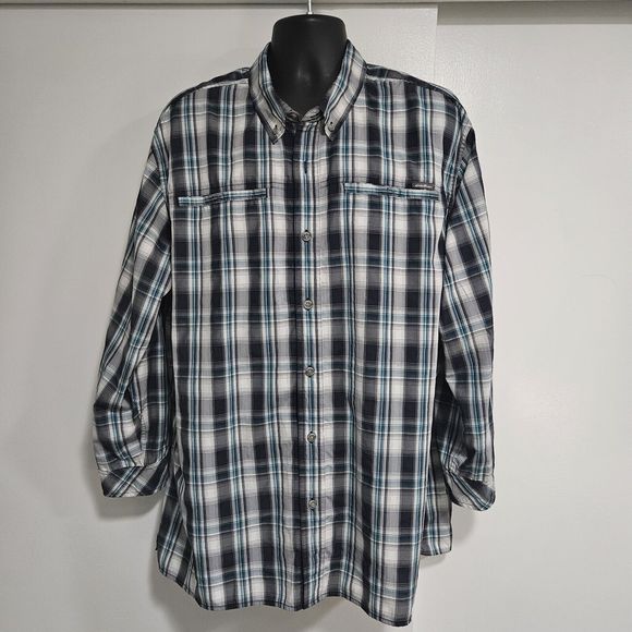 Eddie Bauer Size 2XL Navy Blue Gray Plaid Poly Blend Activewear Button-down 0535 - Picture 1 of 9